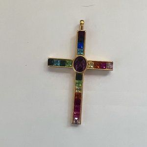 Vintage 1998 P.S.C.O. Multi Colored Crystal Glass Cross Crucifix Pendant